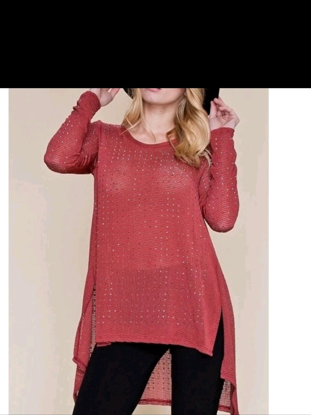 Vocal Dusty Rose Open-Weave Long Sleeve Top